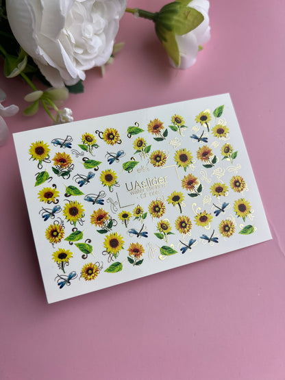 Décalcomanie d'eau pour ongles CF-098 | Décalcomanies d'eau florales pour ongles | Tournesols et libellules bleues