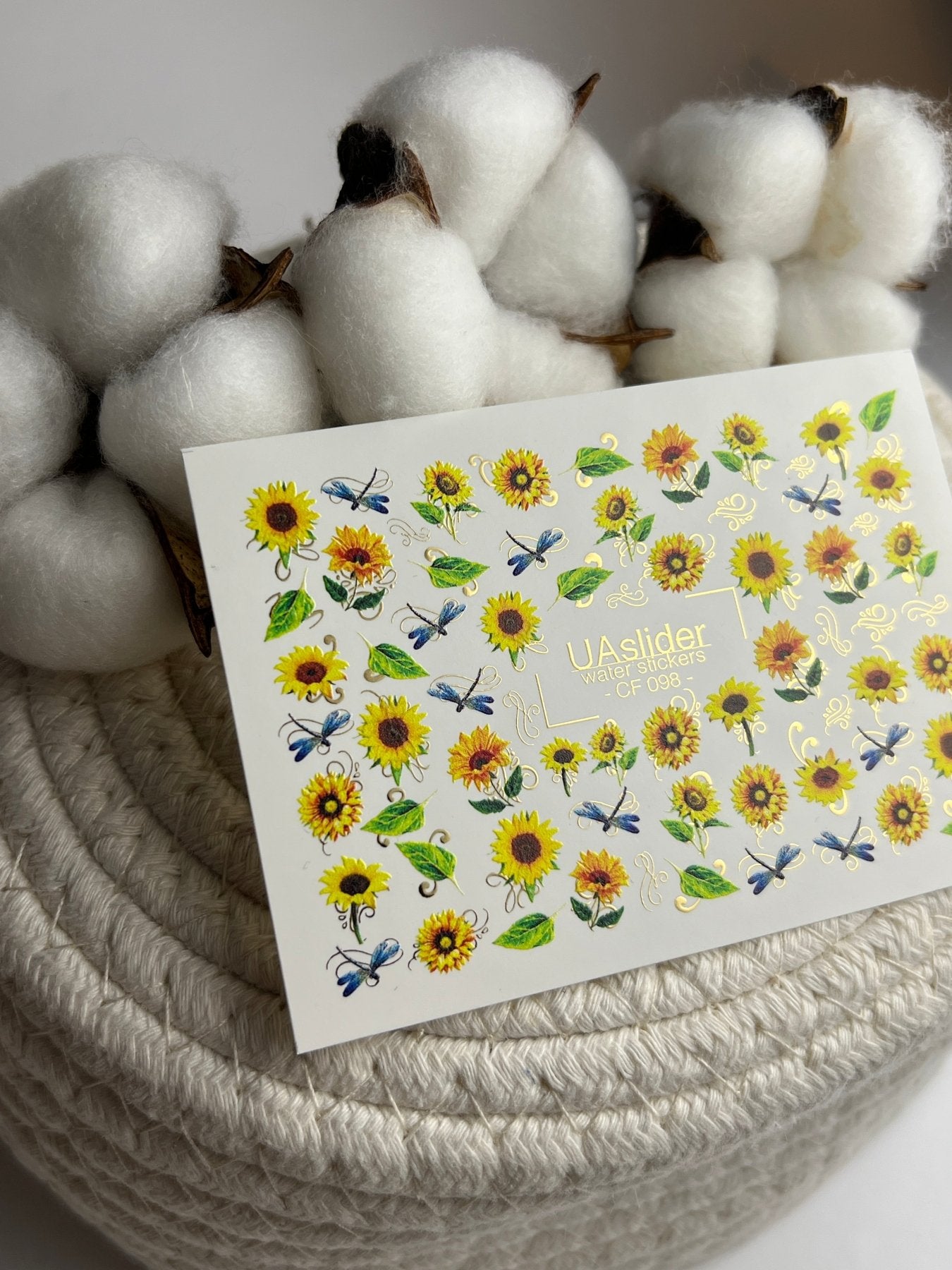 Nail Water Decal CF-098 | Floral Water Slide Nail Decals | Sunflowers & Blue Dragonflies - UASLIDER