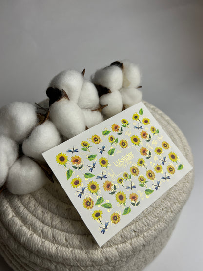 Décalcomanie d'eau pour ongles CF-098 | Décalcomanies d'eau florales pour ongles | Tournesols et libellules bleues