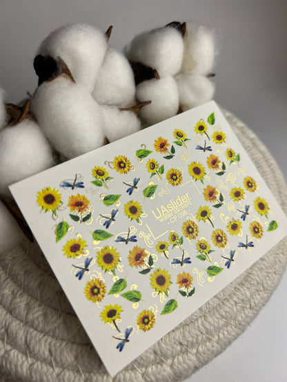 Décalcomanie d'eau pour ongles CF-098 | Décalcomanies d'eau florales pour ongles | Tournesols et libellules bleues