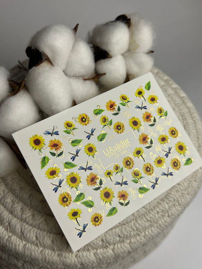 Décalcomanie d'eau pour ongles CF-098 | Décalcomanies d'eau florales pour ongles | Tournesols et libellules bleues