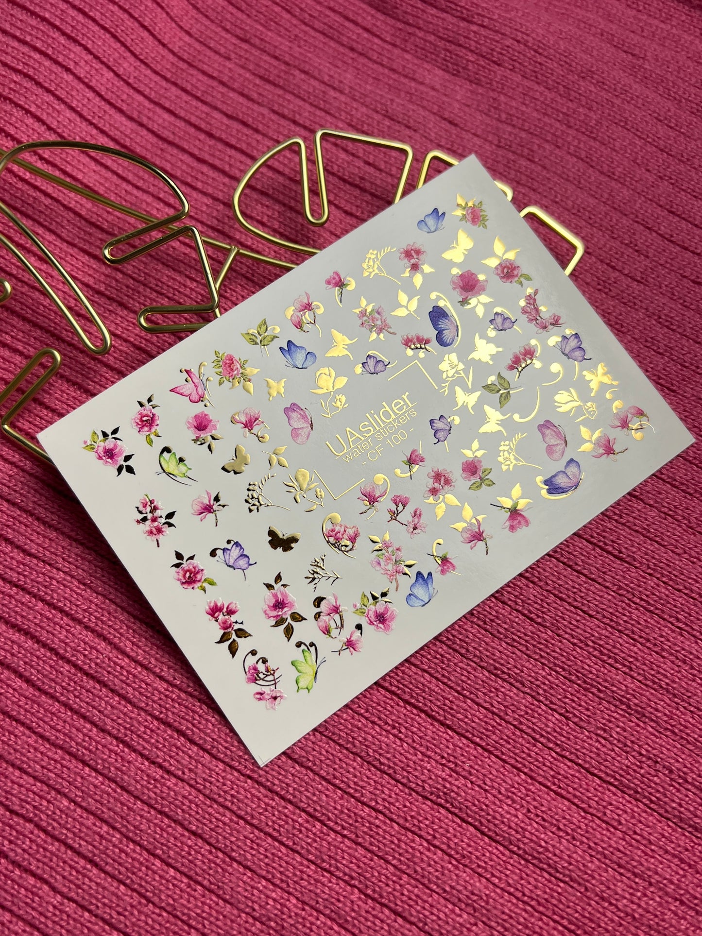 Nail Water Decal CF-100 | Floral Water Slide Nail Decals | Pink Blossoms & Butterflies with Gold Accents