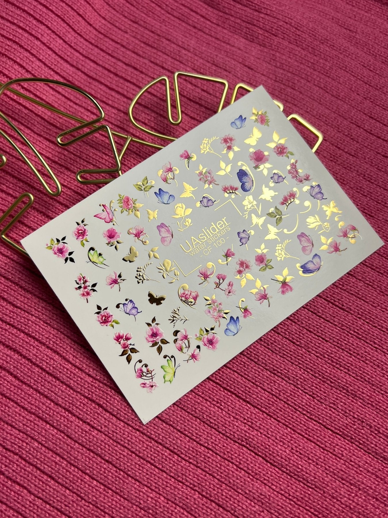 Nail Water Decal CF-100 | Floral Water Slide Nail Decals | Pink Blossoms & Butterflies with Gold Accents - UASLIDER