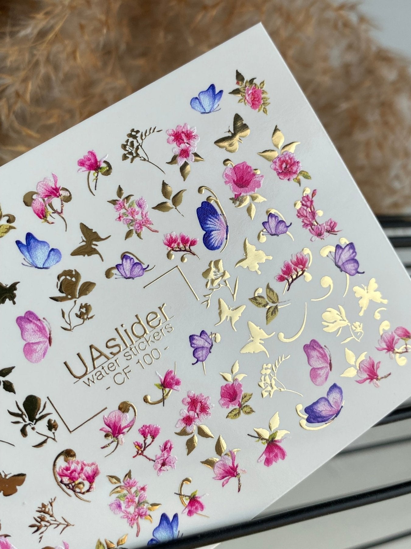 Nail Water Decal CF-100 | Floral Water Slide Nail Decals | Pink Blossoms & Butterflies with Gold Accents - UASLIDER