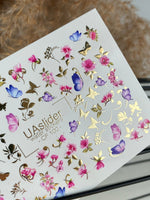 Nail Water Decal CF-100 | Floral Water Slide Nail Decals | Pink Blossoms & Butterflies with Gold Accents - UASLIDER