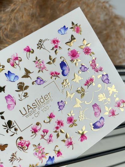 Nail Water Decal CF-100 | Floral Water Slide Nail Decals | Pink Blossoms & Butterflies with Gold Accents