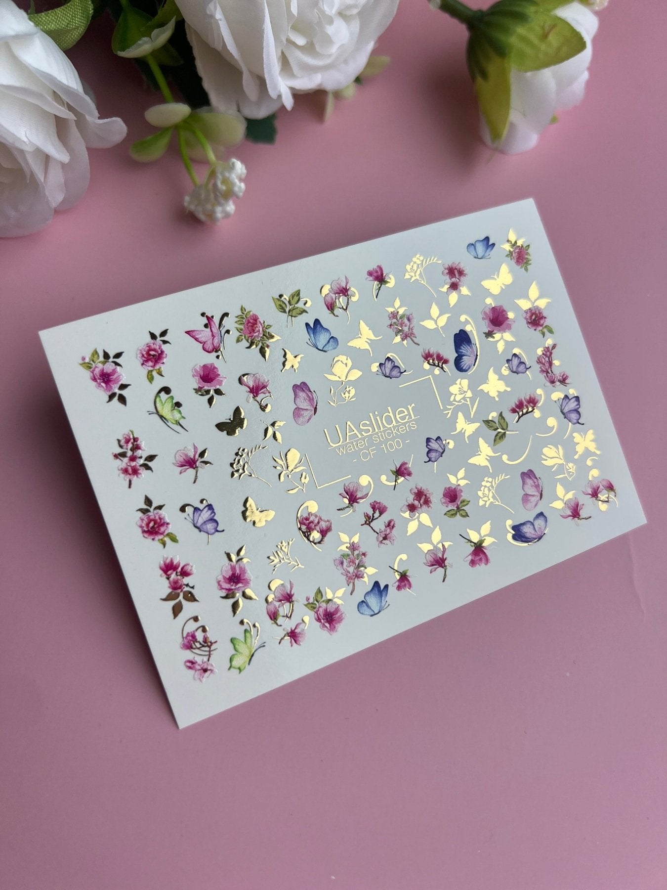 Nail Water Decal CF-100 | Floral Water Slide Nail Decals | Pink Blossoms & Butterflies with Gold Accents - UASLIDER