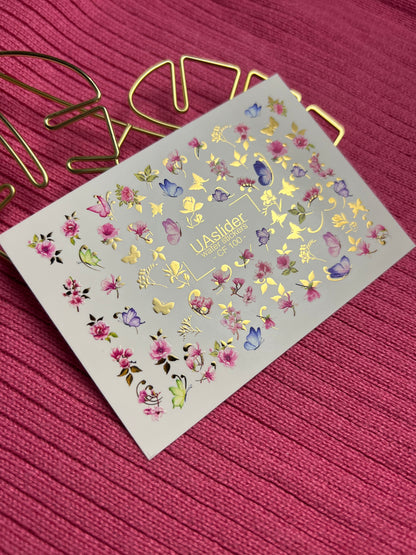 Nail Water Decal CF-100 | Floral Water Slide Nail Decals | Pink Blossoms & Butterflies with Gold Accents