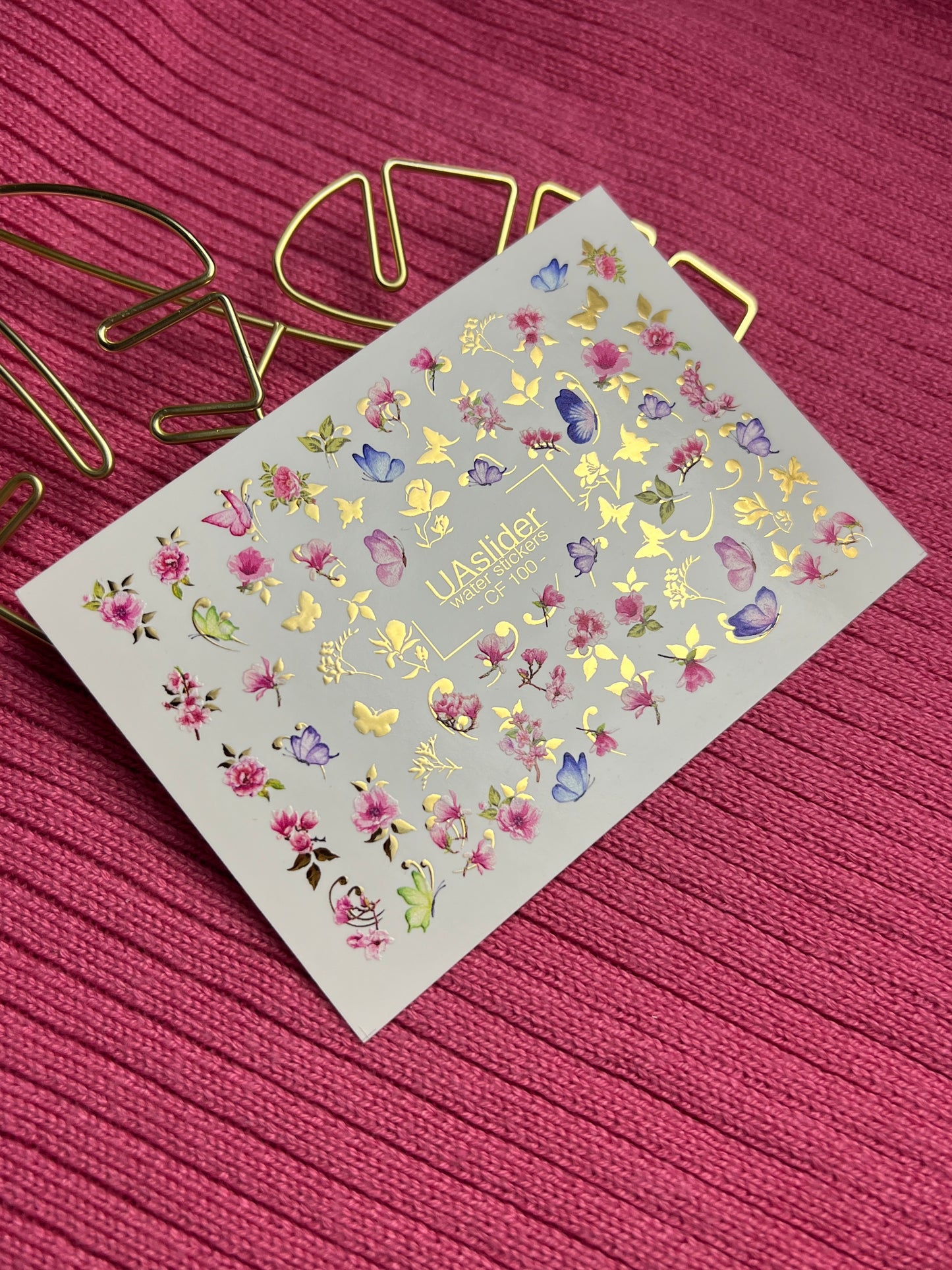 Nail Water Decal CF-100 | Floral Water Slide Nail Decals | Pink Blossoms & Butterflies with Gold Accents