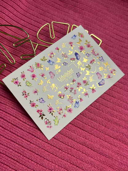 Nail Water Decal CF-100 | Floral Water Slide Nail Decals | Pink Blossoms & Butterflies with Gold Accents