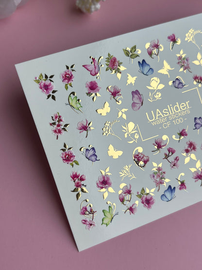 Nail Water Decal CF-100 | Floral Water Slide Nail Decals | Pink Blossoms & Butterflies with Gold Accents