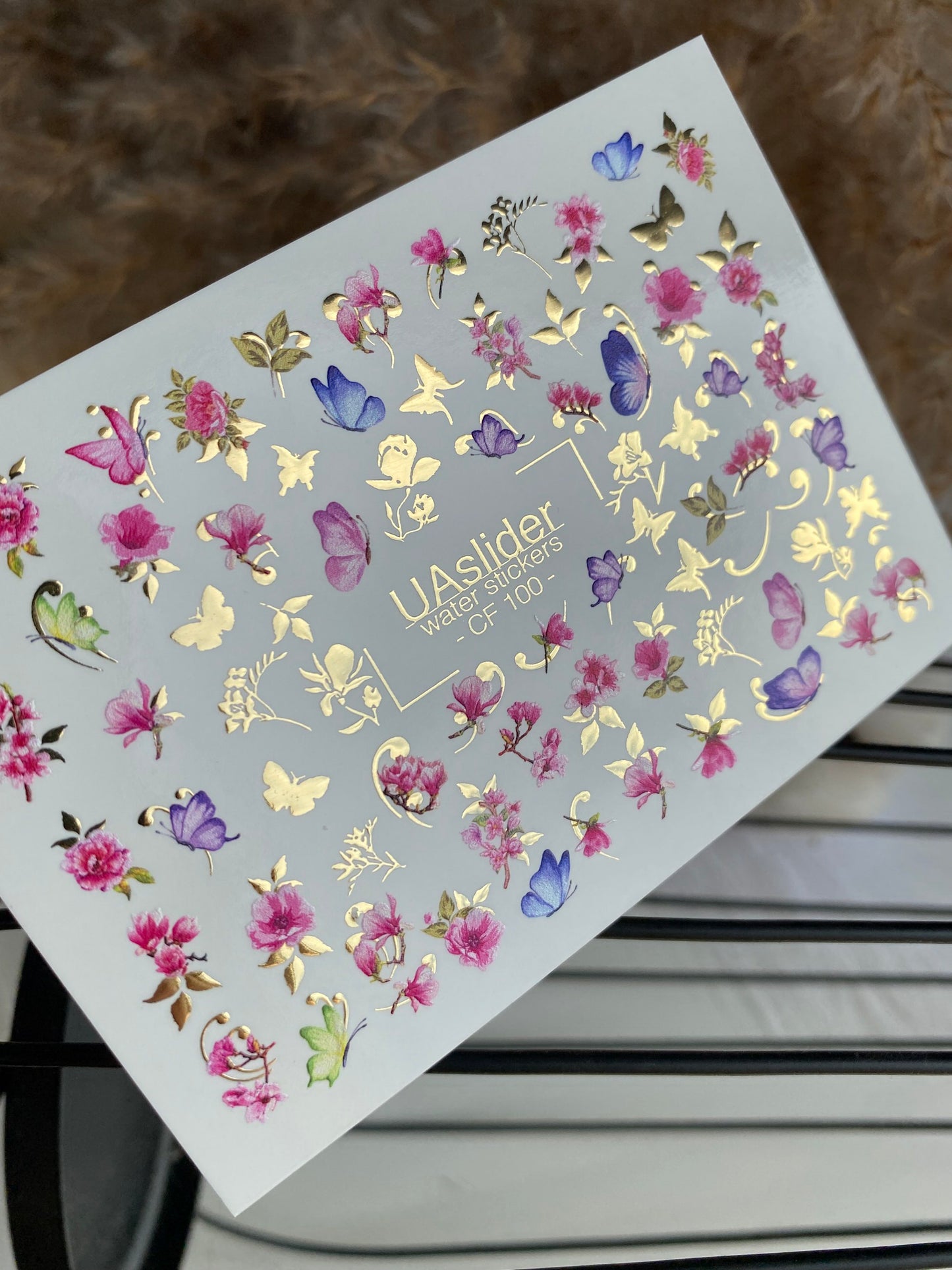 Nail Water Decal CF-100 | Floral Water Slide Nail Decals | Pink Blossoms & Butterflies with Gold Accents