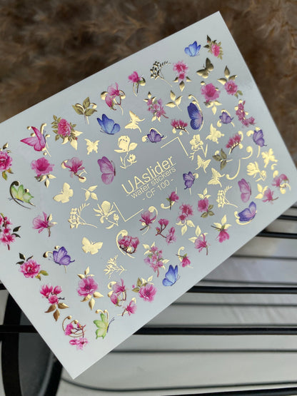 Nail Water Decal CF-100 | Floral Water Slide Nail Decals | Pink Blossoms & Butterflies with Gold Accents