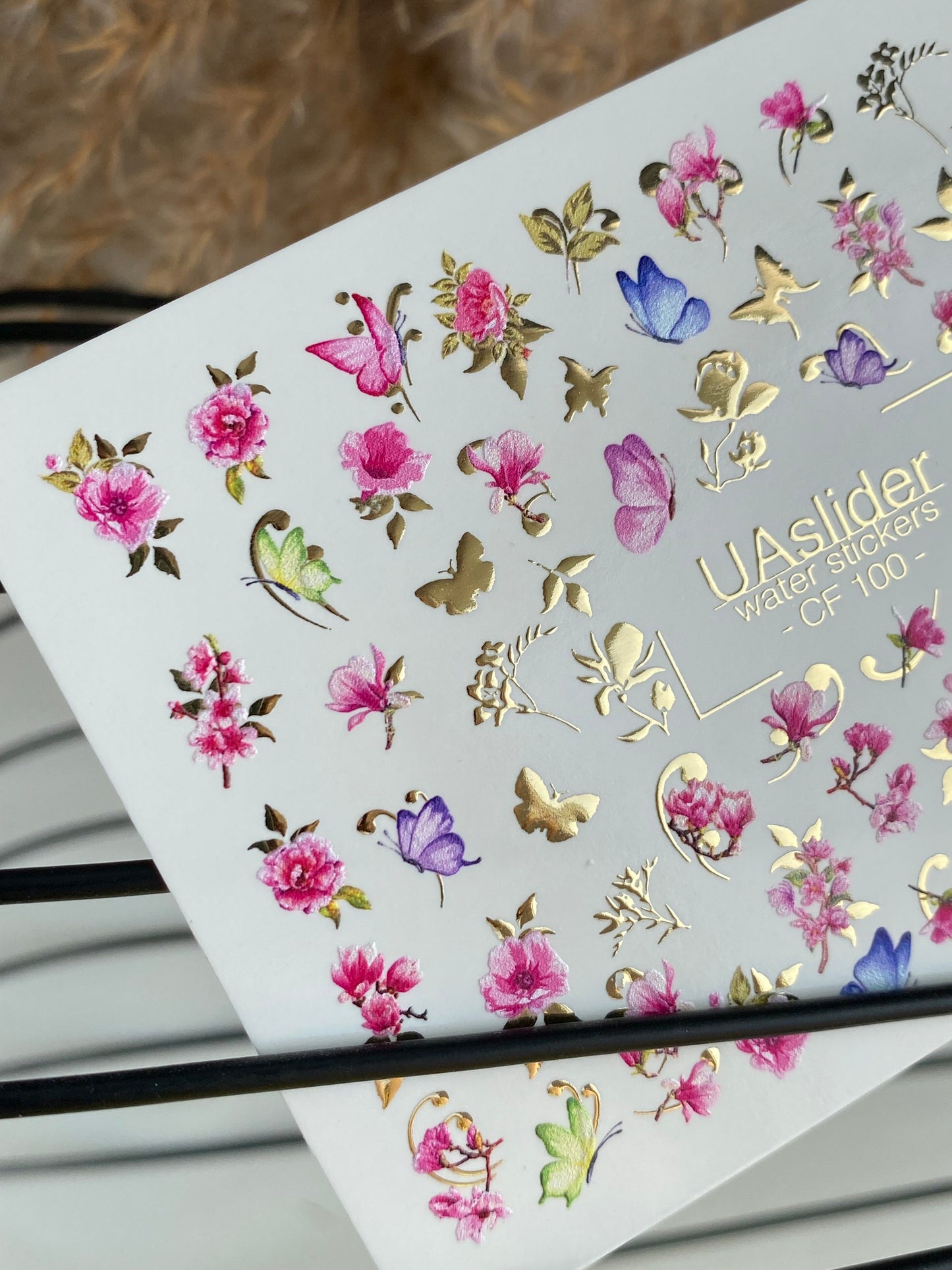 Nail Water Decal CF-100 | Floral Water Slide Nail Decals | Pink Blossoms & Butterflies with Gold Accents