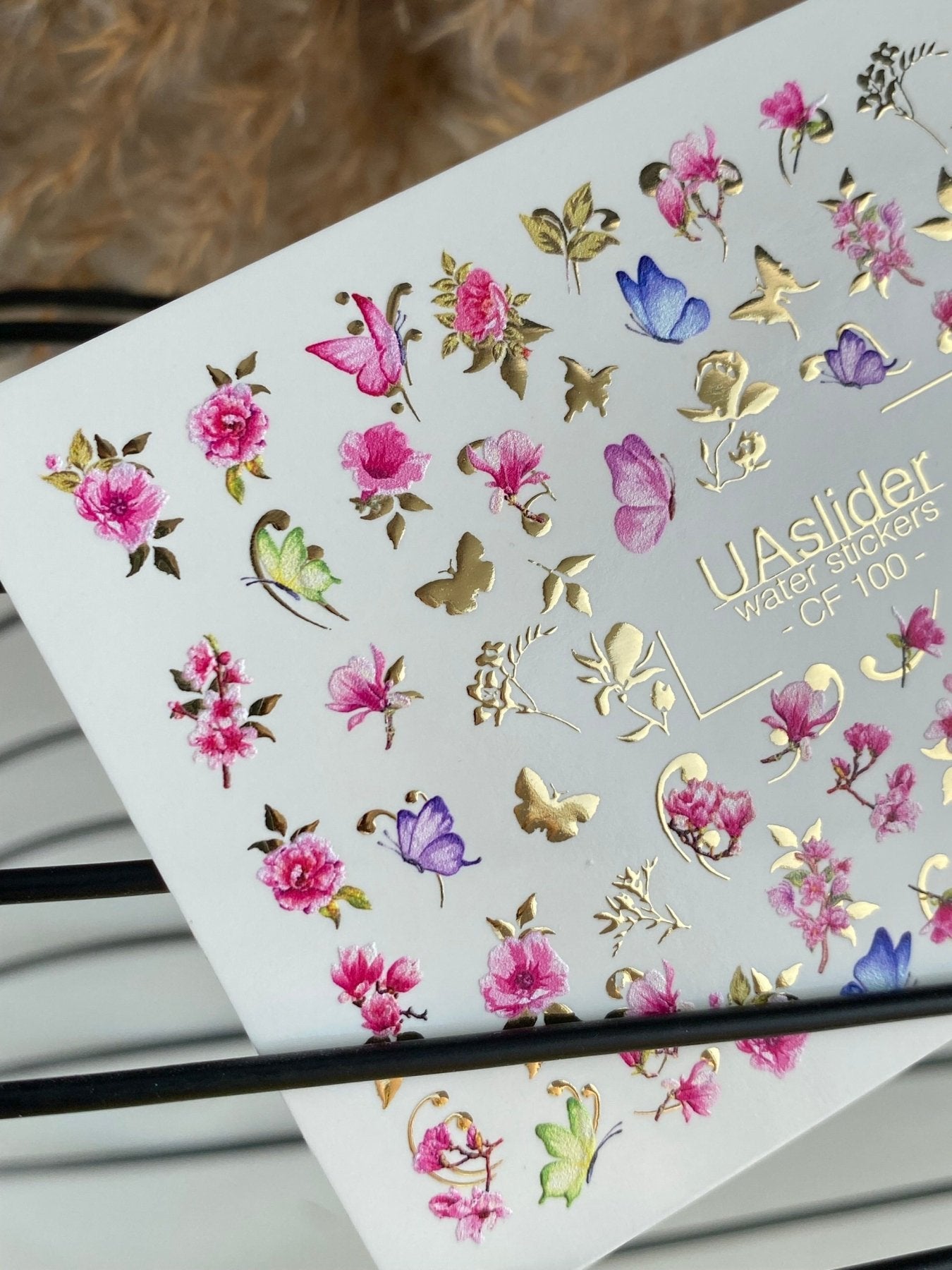 Nail Water Decal CF-100 | Floral Water Slide Nail Decals | Pink Blossoms & Butterflies with Gold Accents - UASLIDER