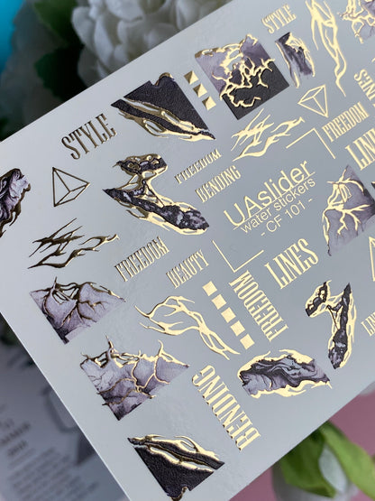 Nail Water Decal CF-101 | Abstract Water Slide Nail Decals | Marble Effect with Gold Cracks & Modern Lines