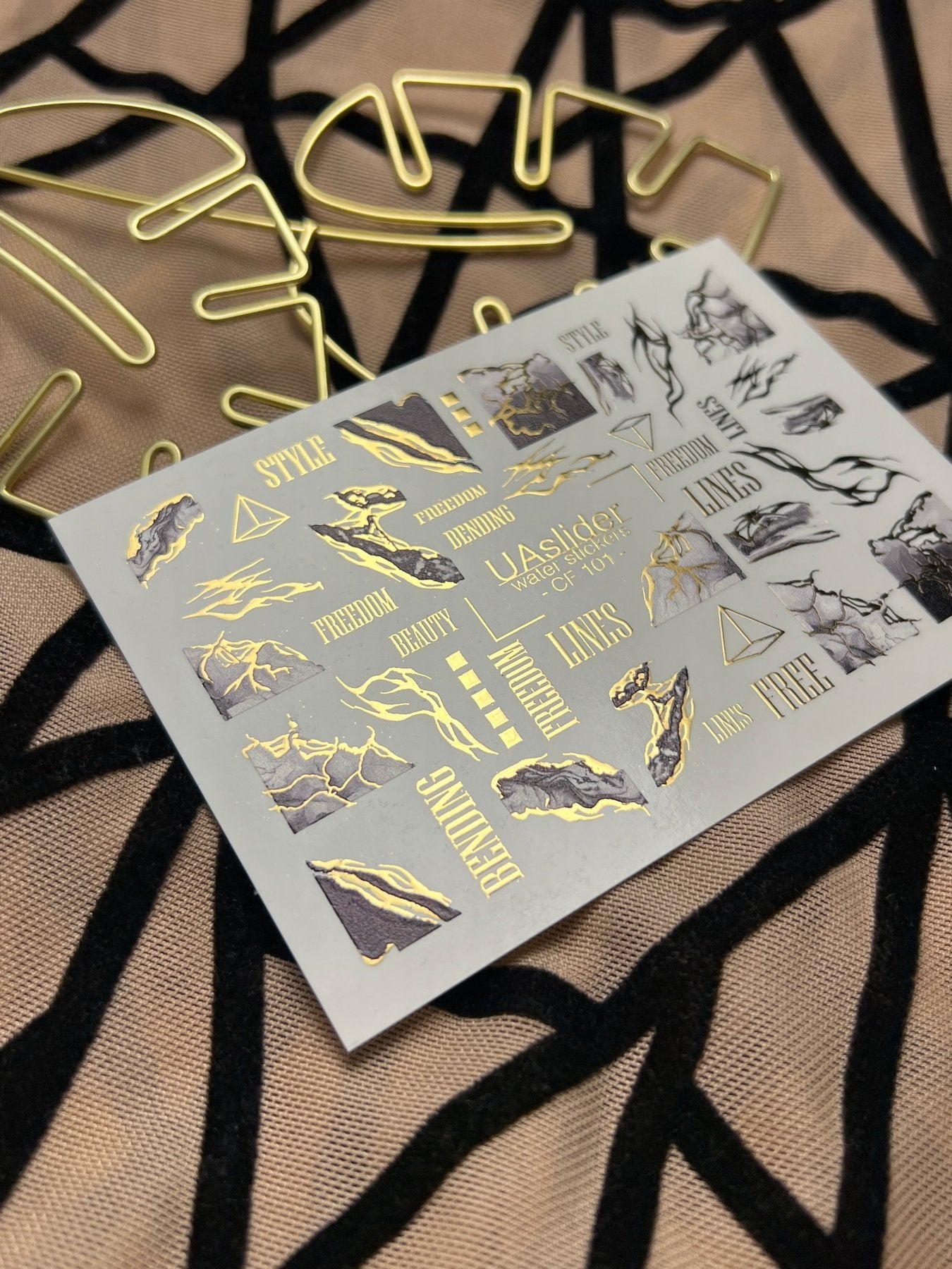 Nail Water Decal CF-101 | Abstract Water Slide Nail Decals | Marble Effect with Gold Cracks & Modern Lines - UASLIDER