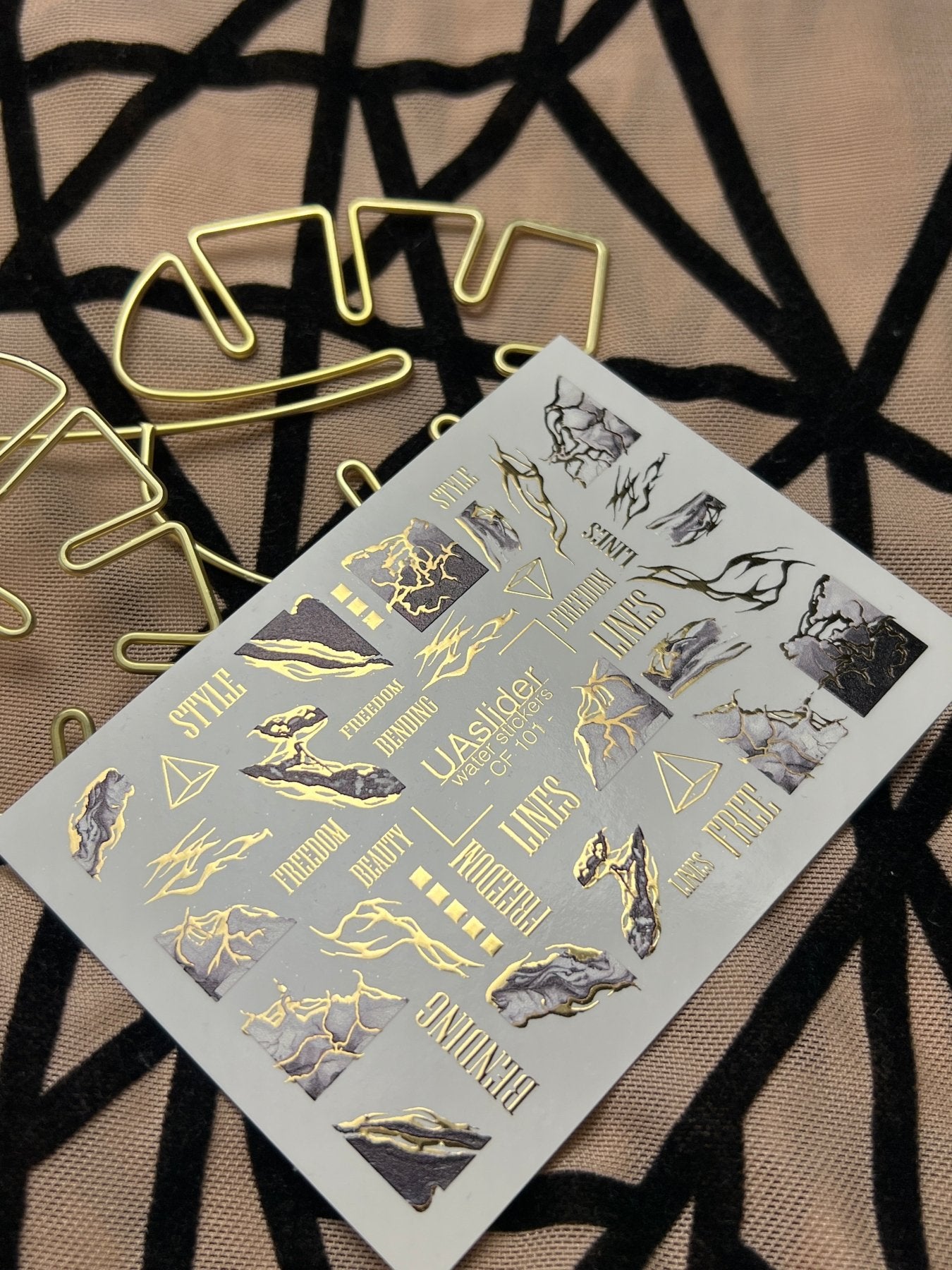 Nail Water Decal CF-101 | Abstract Water Slide Nail Decals | Marble Effect with Gold Cracks & Modern Lines - UASLIDER