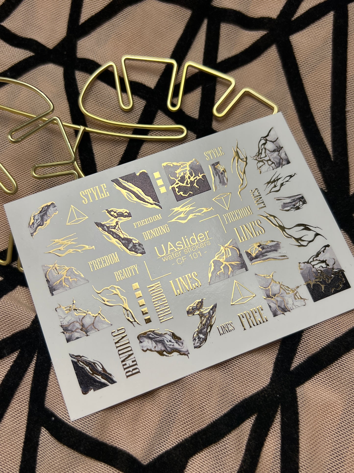 Nail Water Decal CF-101 | Abstract Water Slide Nail Decals | Marble Effect with Gold Cracks & Modern Lines