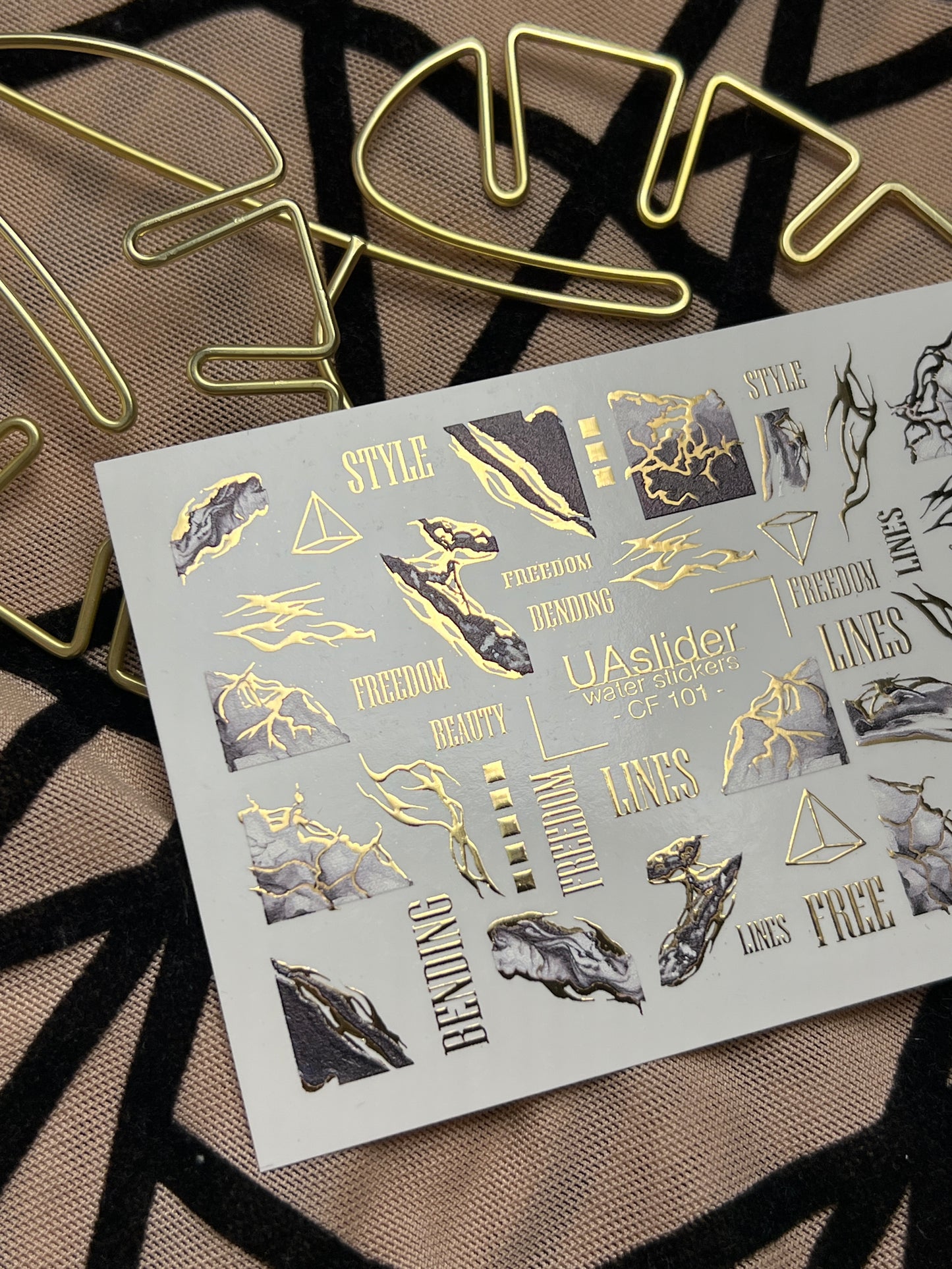 Nail Water Decal CF-101 | Abstract Water Slide Nail Decals | Marble Effect with Gold Cracks & Modern Lines