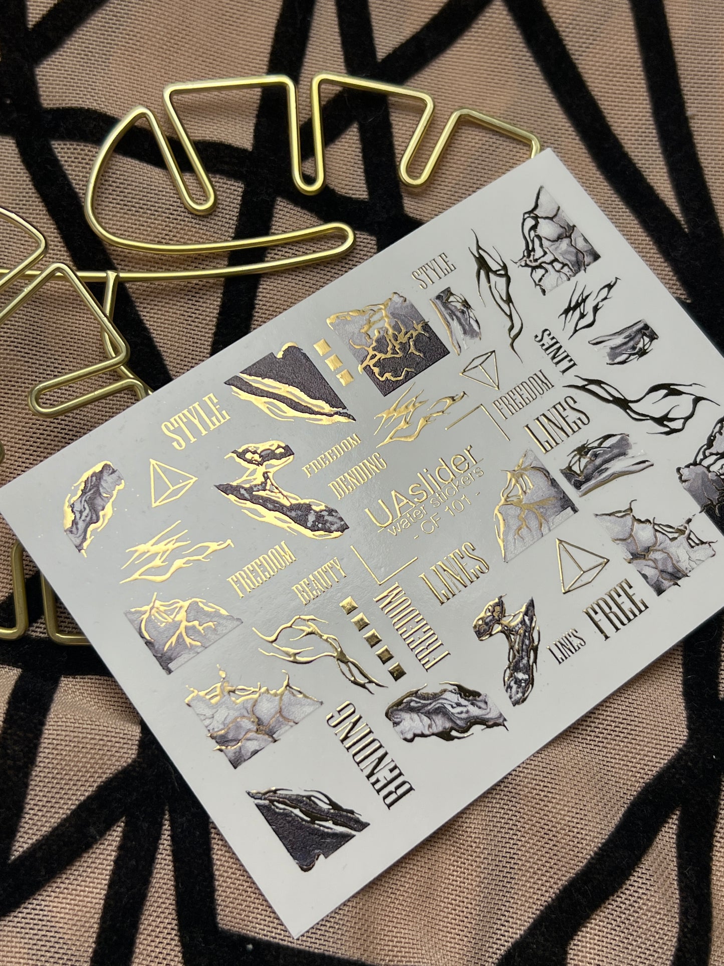 Nail Water Decal CF-101 | Abstract Water Slide Nail Decals | Marble Effect with Gold Cracks & Modern Lines