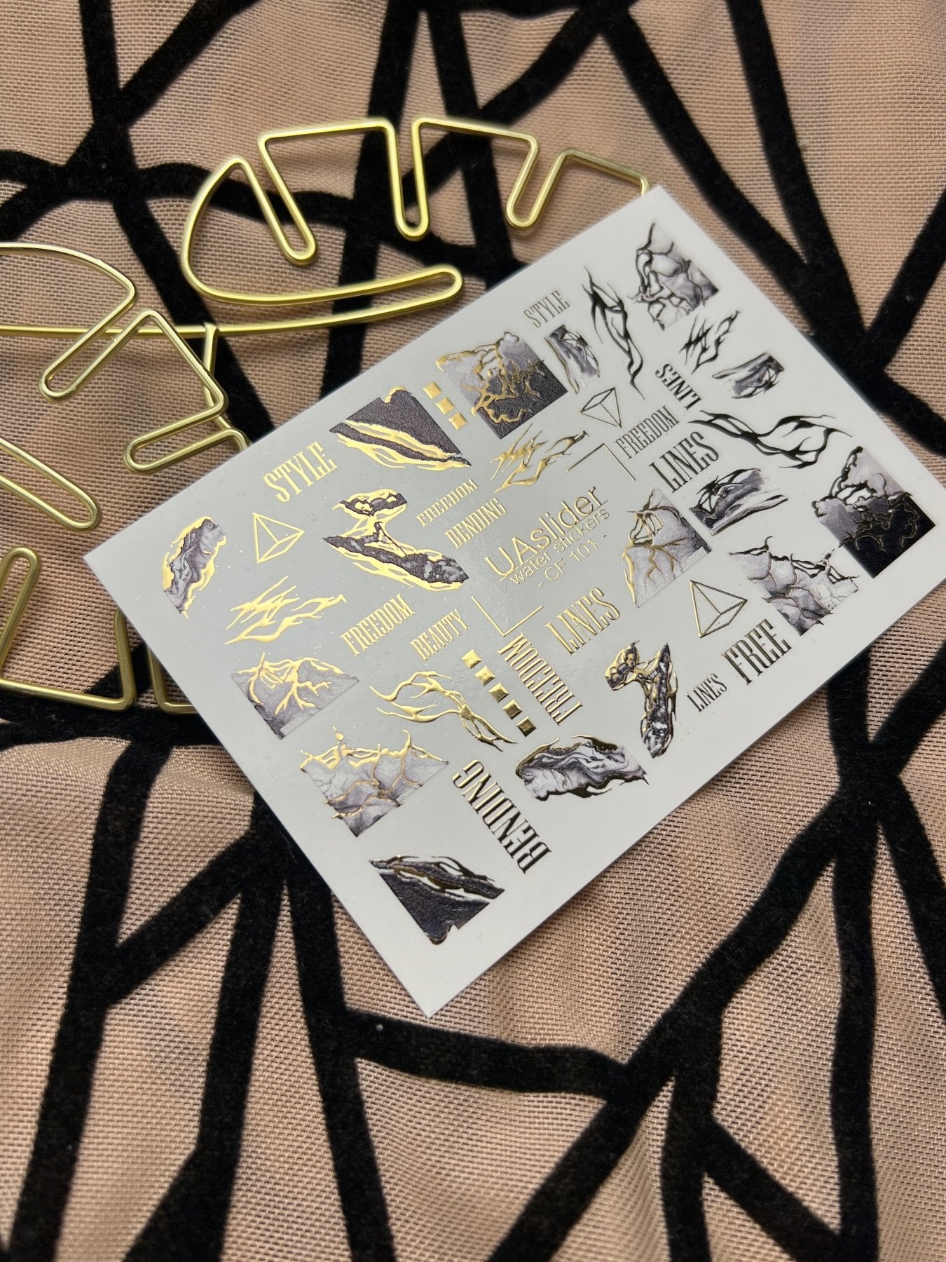 Nail Water Decal CF-101 | Abstract Water Slide Nail Decals | Marble Effect with Gold Cracks & Modern Lines - UASLIDER