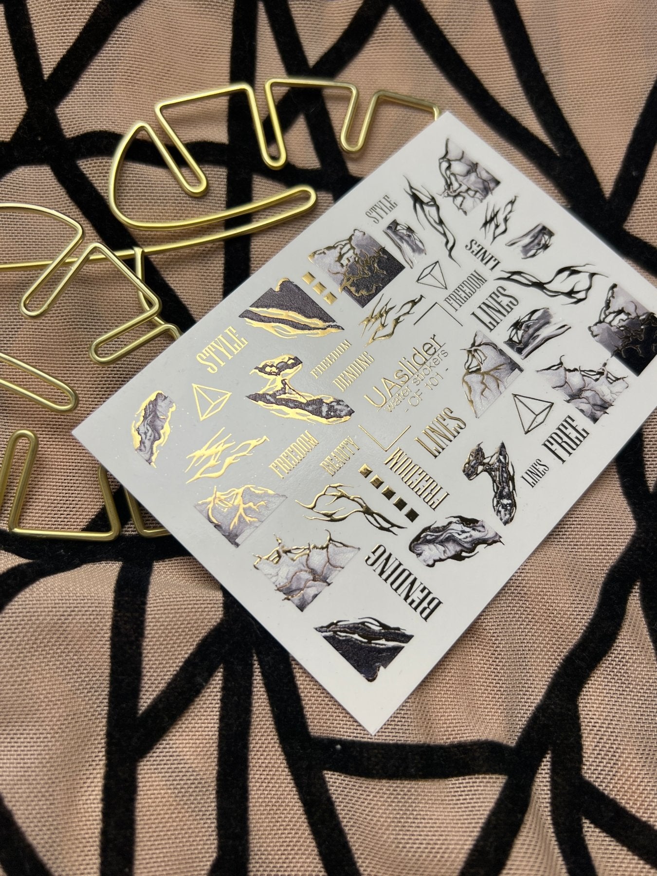 Nail Water Decal CF-101 | Abstract Water Slide Nail Decals | Marble Effect with Gold Cracks & Modern Lines - UASLIDER