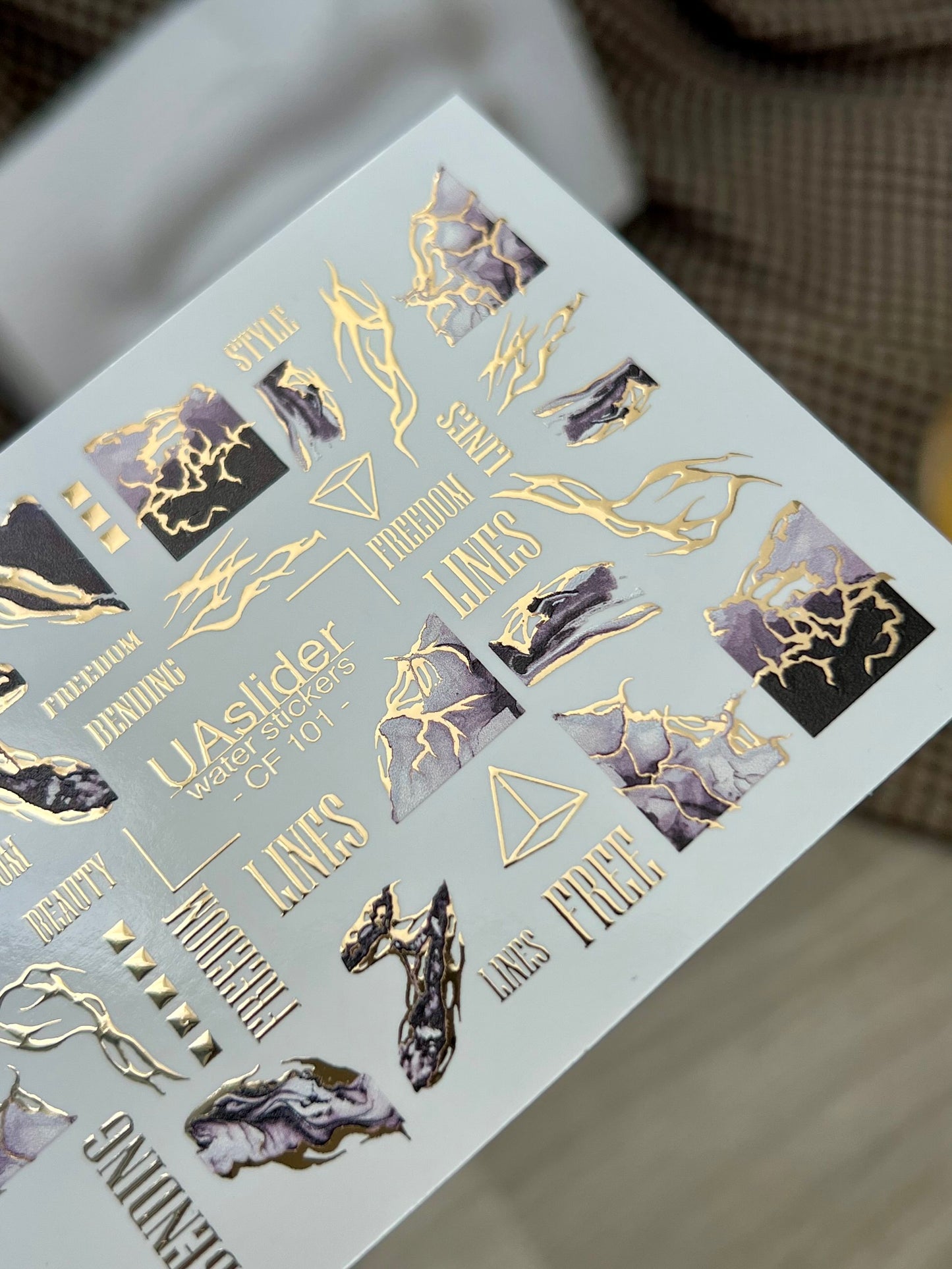 Nail Water Decal CF-101 | Abstract Water Slide Nail Decals | Marble Effect with Gold Cracks & Modern Lines