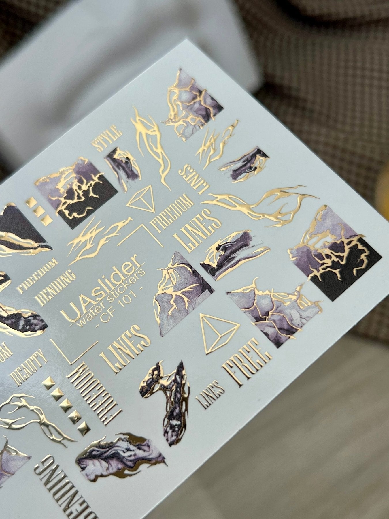 Nail Water Decal CF-101 | Abstract Water Slide Nail Decals | Marble Effect with Gold Cracks & Modern Lines - UASLIDER