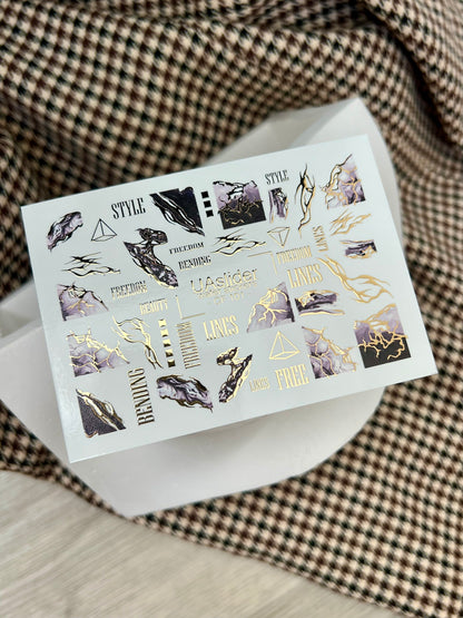 Nail Water Decal CF-101 | Abstract Water Slide Nail Decals | Marble Effect with Gold Cracks & Modern Lines