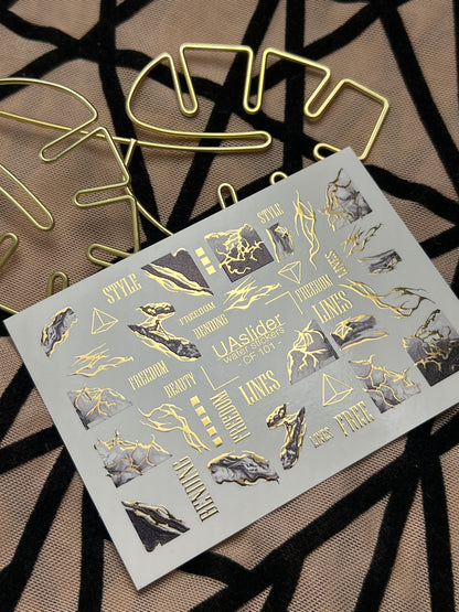 Nail Water Decal CF-101 | Abstract Water Slide Nail Decals | Marble Effect with Gold Cracks & Modern Lines