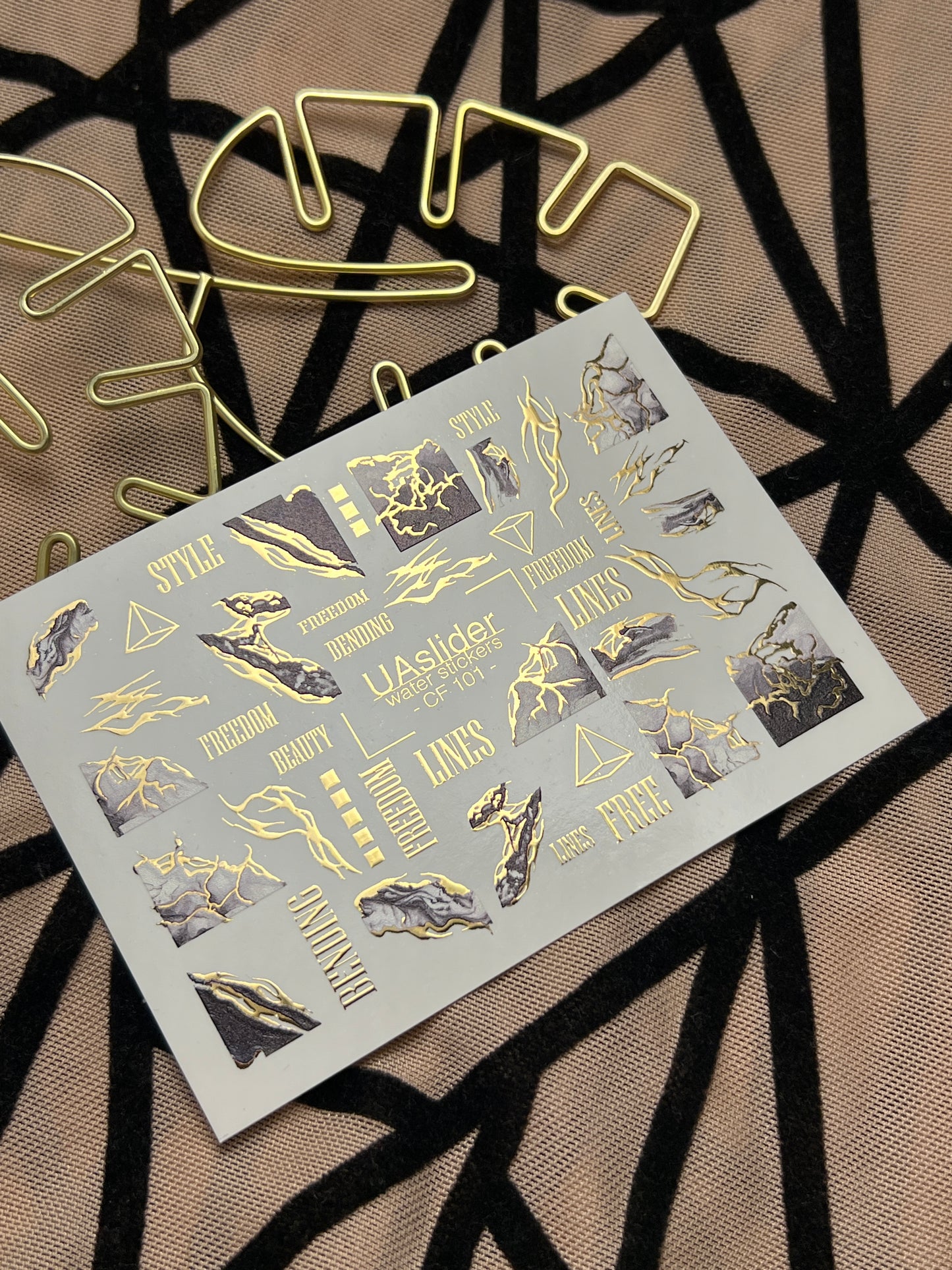 Nail Water Decal CF-101 | Abstract Water Slide Nail Decals | Marble Effect with Gold Cracks & Modern Lines