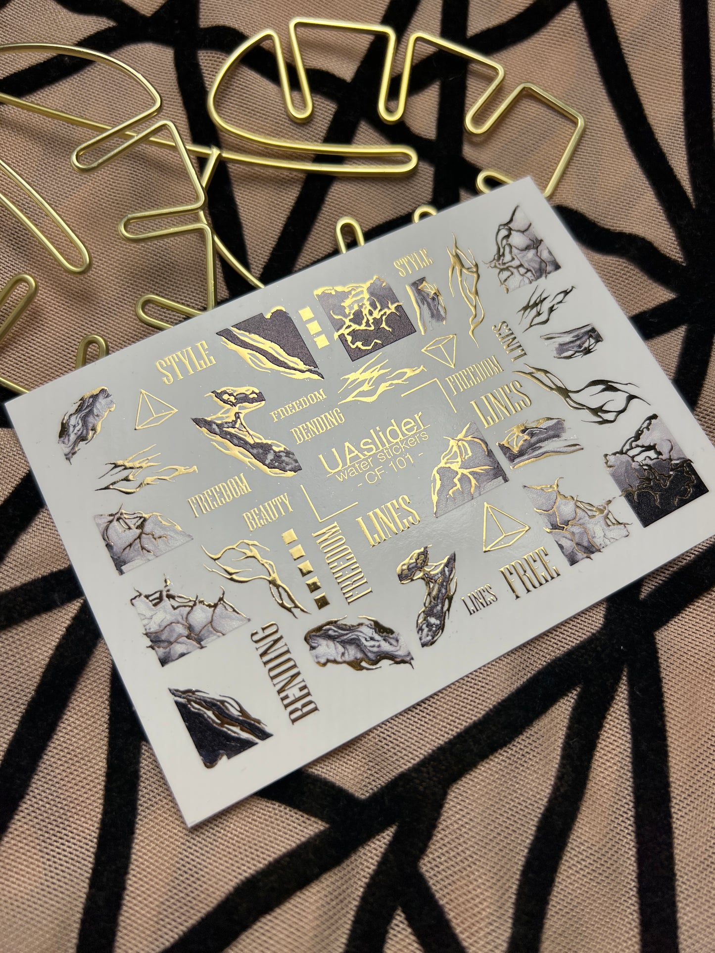 Nail Water Decal CF-101 | Abstract Water Slide Nail Decals | Marble Effect with Gold Cracks & Modern Lines