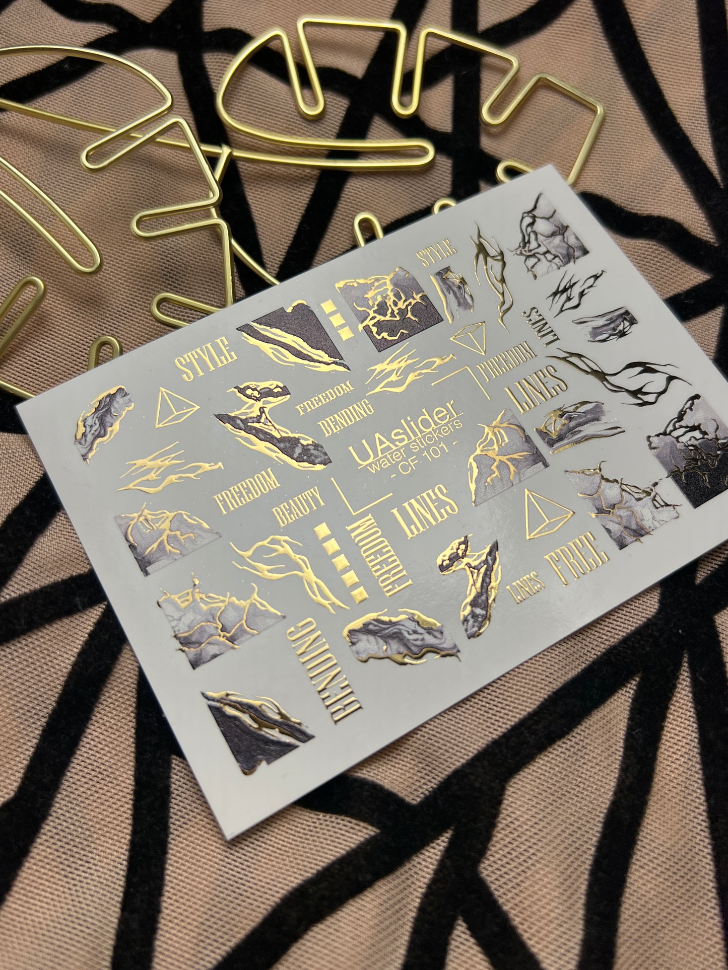 Nail Water Decal CF-101 | Abstract Water Slide Nail Decals | Marble Effect with Gold Cracks & Modern Lines