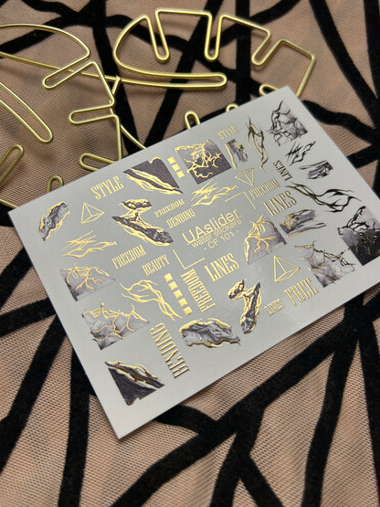 Nail Water Decal CF-101 | Abstract Water Slide Nail Decals | Marble Effect with Gold Cracks & Modern Lines