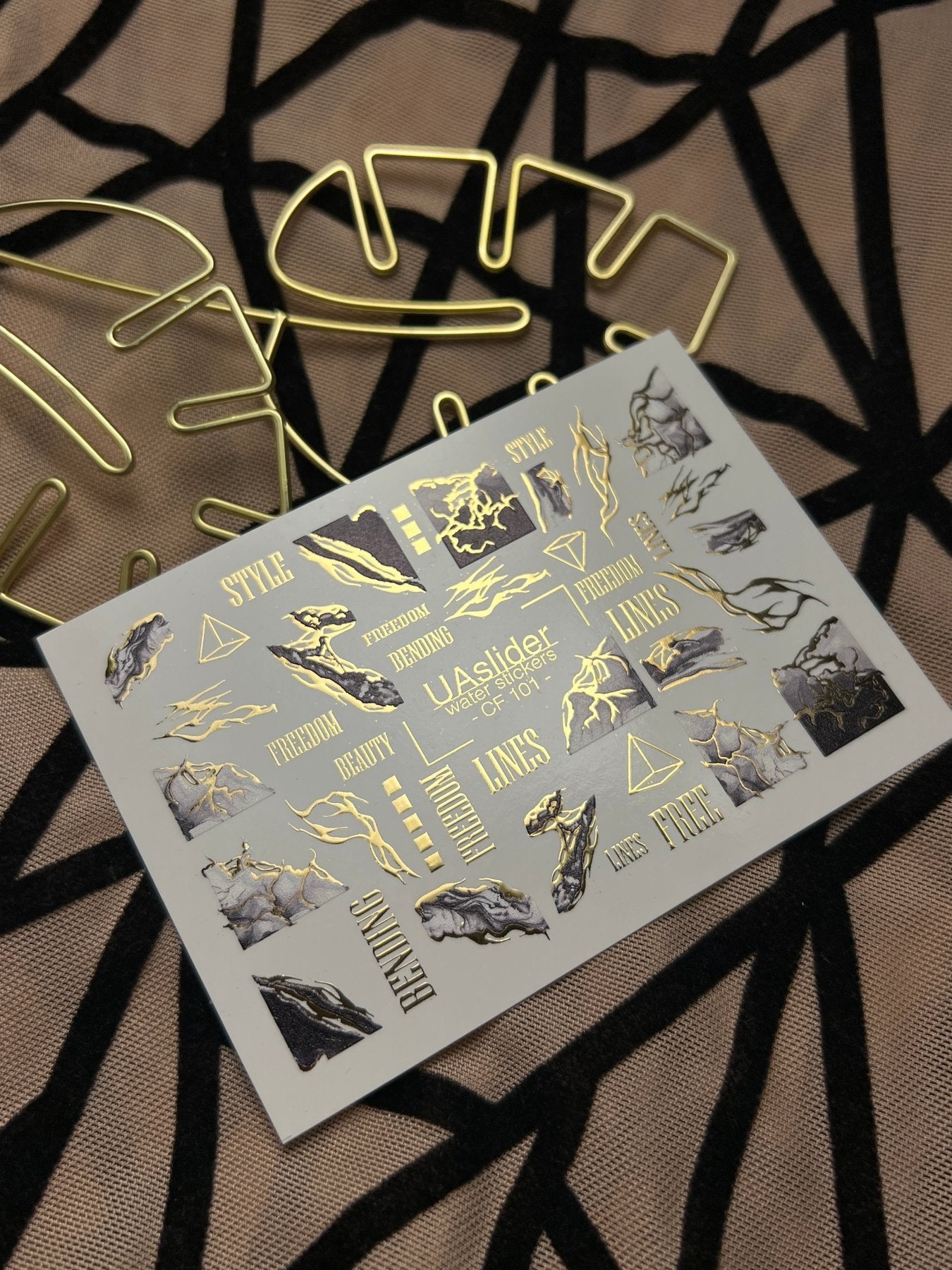 Nail Water Decal CF-101 | Abstract Water Slide Nail Decals | Marble Effect with Gold Cracks & Modern Lines - UASLIDER
