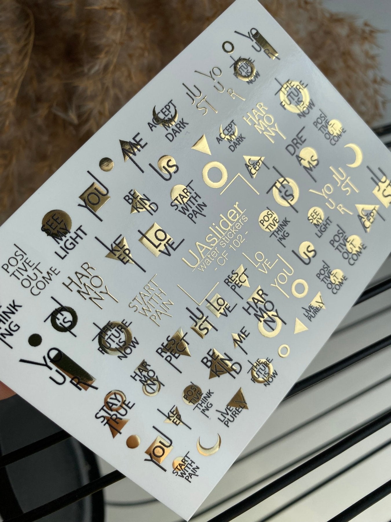 Nail Water Decal CF-102 | Minimalist Water Slide Nail Decals | Gold Lettering & Modern Symbols - UASLIDER