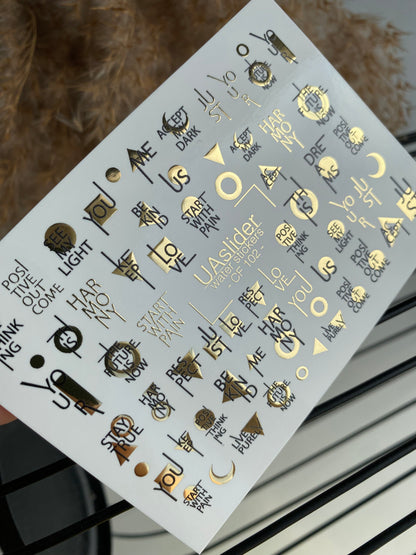 Nail Water Decal CF-102 | Minimalist Water Slide Nail Decals | Gold Lettering & Modern Symbols