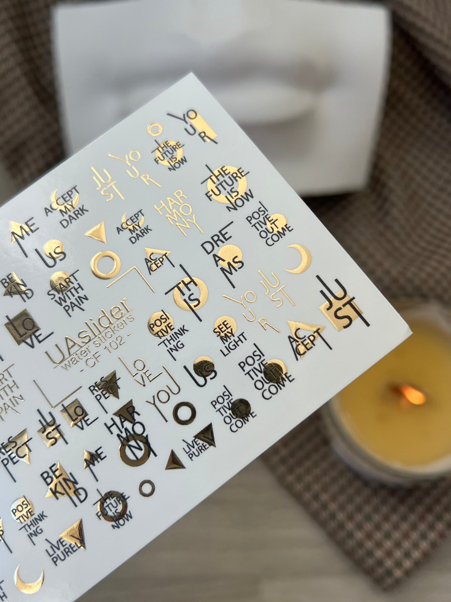 Nail Water Decal CF-102 | Minimalist Water Slide Nail Decals | Gold Lettering & Modern Symbols