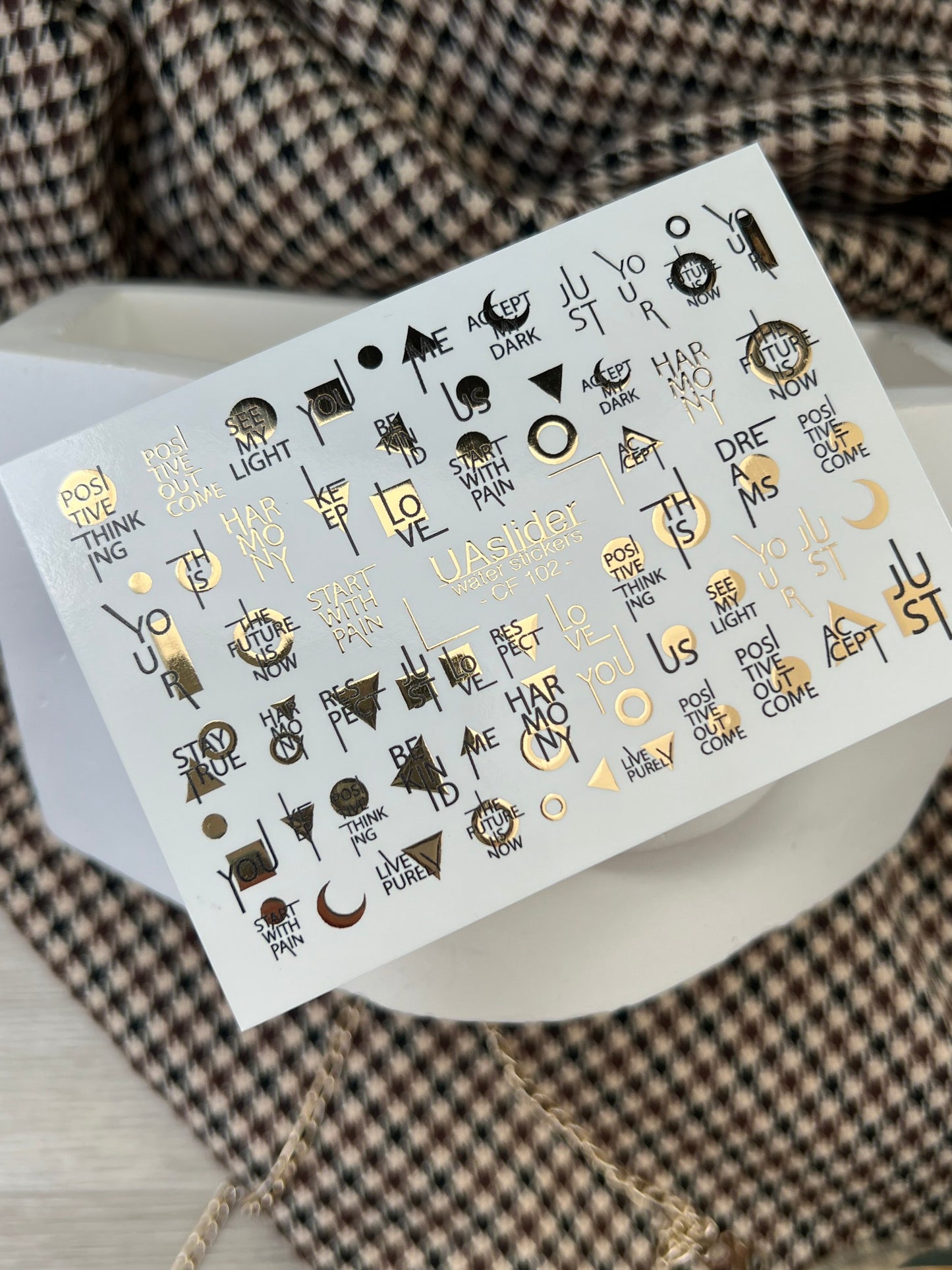 Nail Water Decal CF-102 | Minimalist Water Slide Nail Decals | Gold Lettering & Modern Symbols