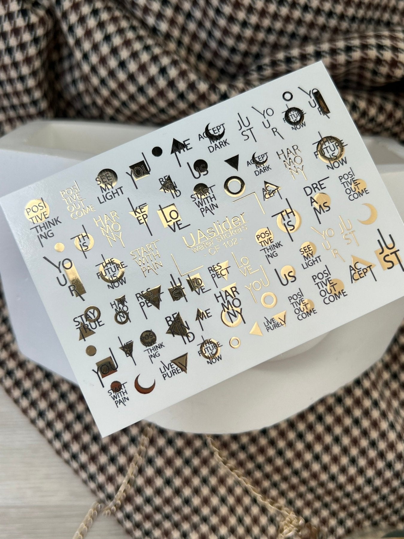 Nail Water Decal CF-102 | Minimalist Water Slide Nail Decals | Gold Lettering & Modern Symbols - UASLIDER