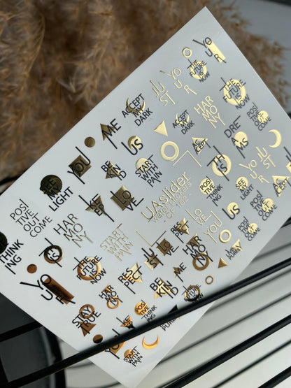 Nail Water Decal CF-102 | Minimalist Water Slide Nail Decals | Gold Lettering & Modern Symbols