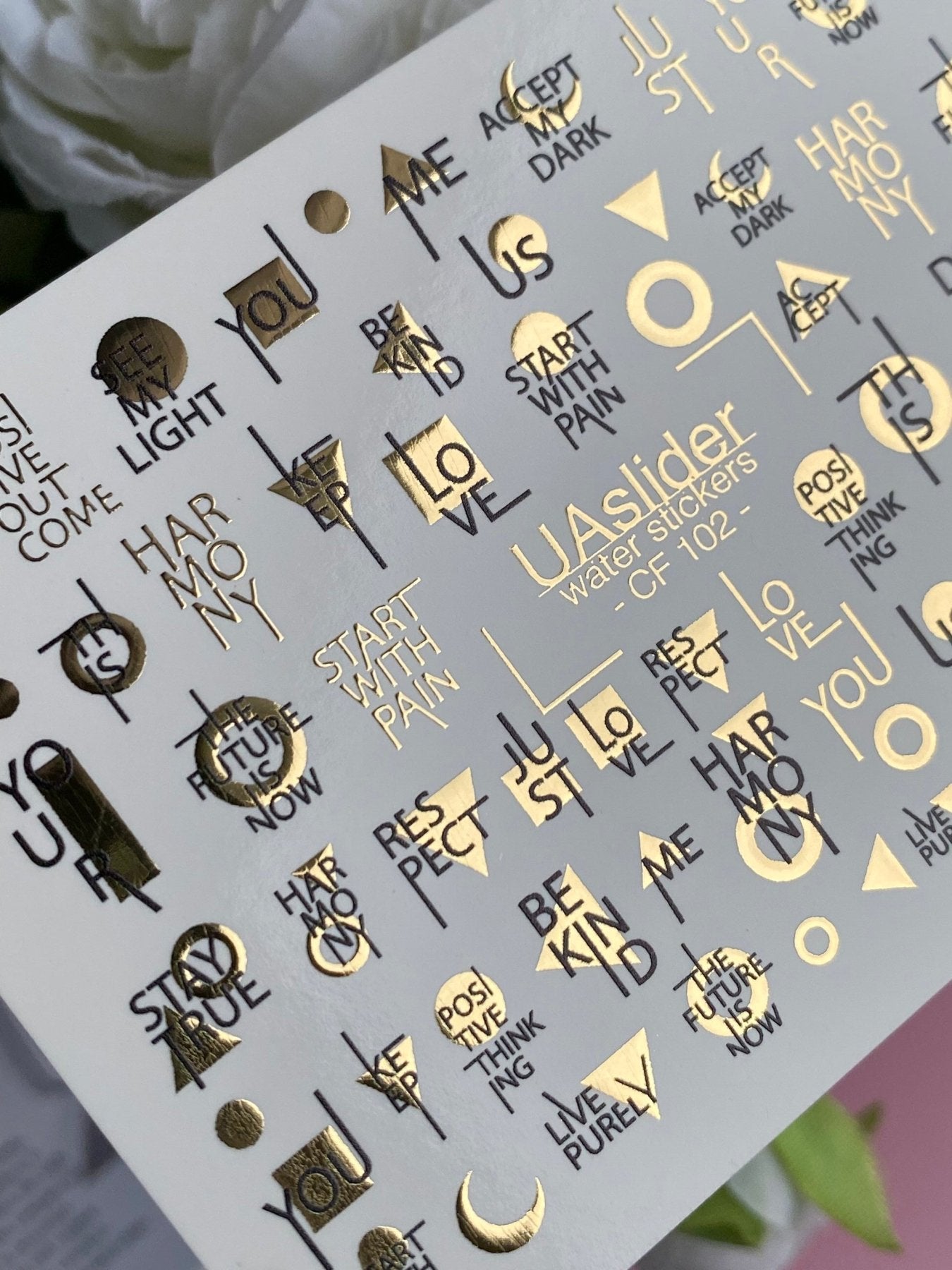 Nail Water Decal CF-102 | Minimalist Water Slide Nail Decals | Gold Lettering & Modern Symbols - UASLIDER