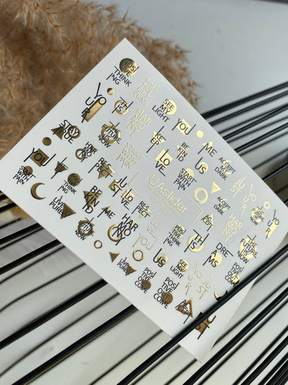 Nail Water Decal CF-102 | Minimalist Water Slide Nail Decals | Gold Lettering & Modern Symbols