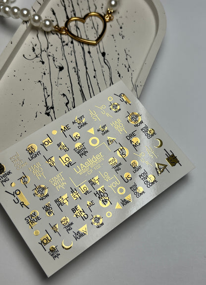 Nail Water Decal CF-102 | Minimalist Water Slide Nail Decals | Gold Lettering & Modern Symbols