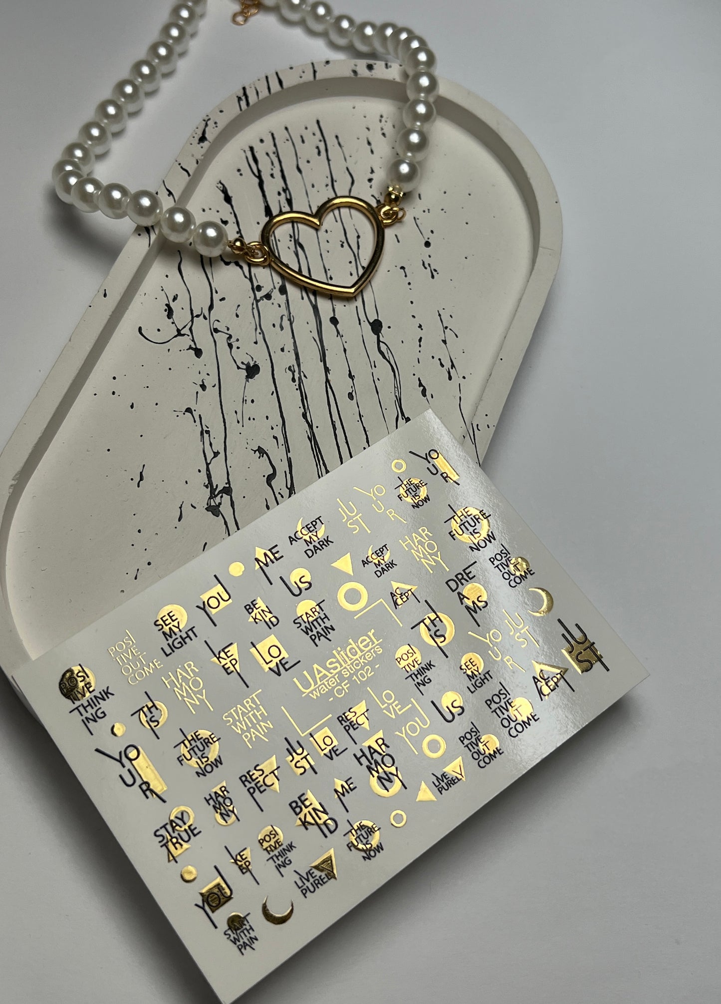 Nail Water Decal CF-102 | Minimalist Water Slide Nail Decals | Gold Lettering & Modern Symbols