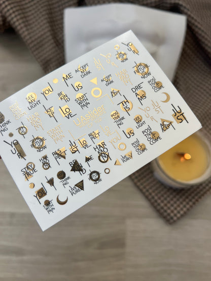 Nail Water Decal CF-102 | Minimalist Water Slide Nail Decals | Gold Lettering & Modern Symbols