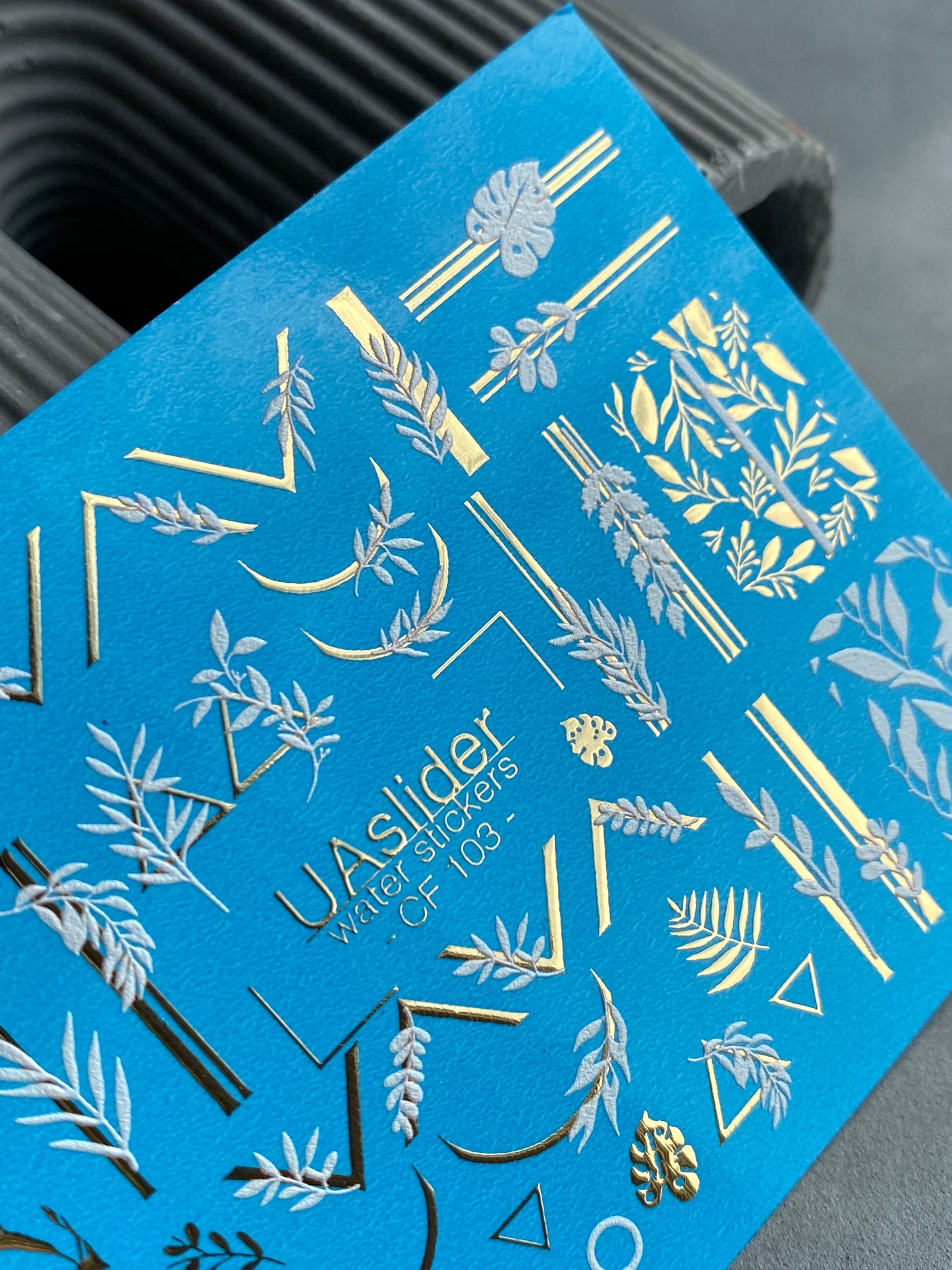 Nail Water Decal CF-103 | Botanical Water Slide Nail Decals | Geometric Lines, Branches & Gold Accents