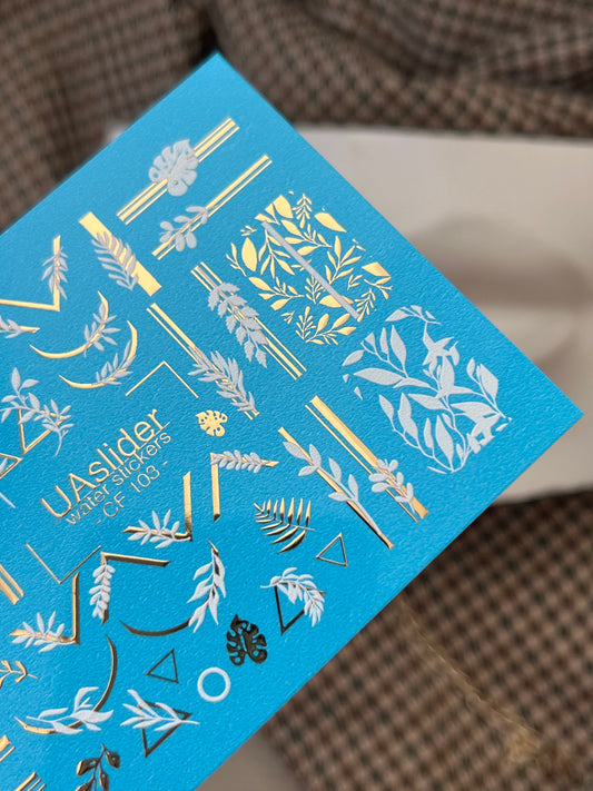 Nail Water Decal CF-103 | Botanical Water Slide Nail Decals | Geometric Lines, Branches & Gold Accents