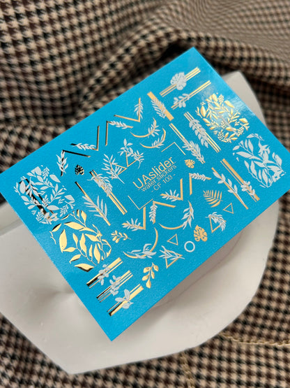 Nail Water Decal CF-103 | Botanical Water Slide Nail Decals | Geometric Lines, Branches & Gold Accents